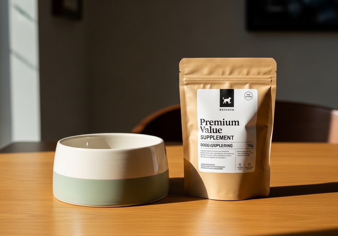 A premium ceramic pet food bowl and a kraft-paper supplement pouch side by side on a warm oak table.